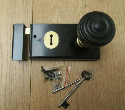5.5" Rim Lock Black & Bunned Rim Ebony + Brass Set