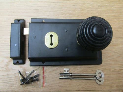6" Rim Lock Black & Beehive Ebony + Brass Set