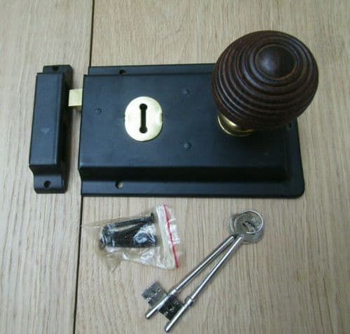 6" Rim Lock Black & Beehive Teak + Brass Set