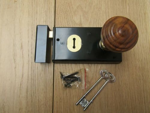 6" Rim Lock Black & Bunned Rim Teak + Brass Set