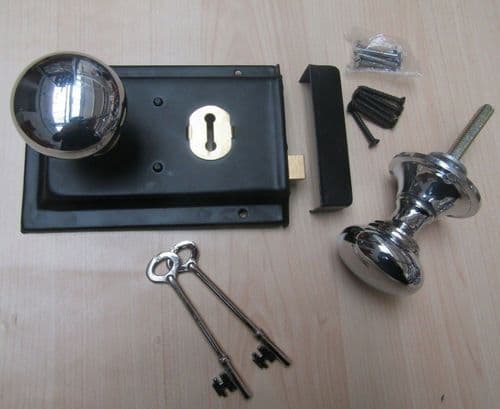 6" Rim Lock Black & Cottage Rim Knob Set Polished Chrome