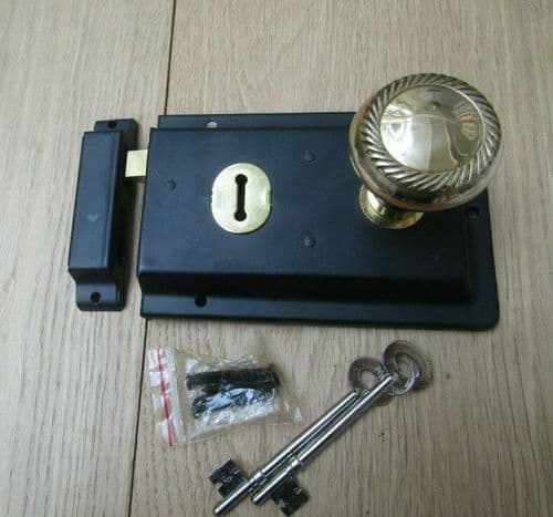 6" Rim Lock Black & Georgian Rim Brass Set