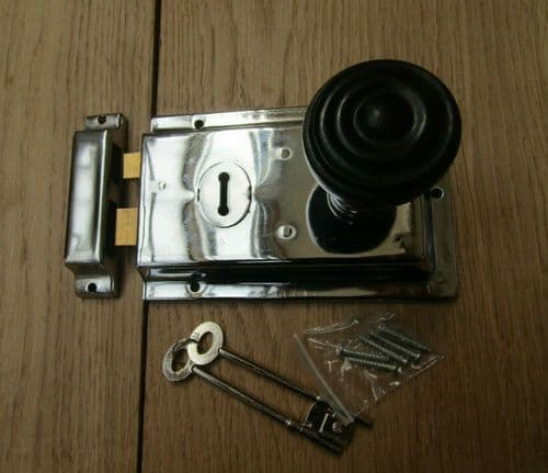 6" Rim Lock Brass & Bun Rimmed Ebony + Chrome Set