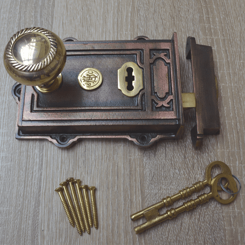 Cast Iron Davenport Rim Lock Antique Copper & Georgian Rim Brass Set