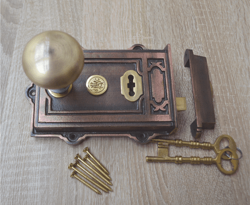 Cast Iron Davenport Rim Lock Antique Copper & Mushroom Rim Knob Antique Brass Set