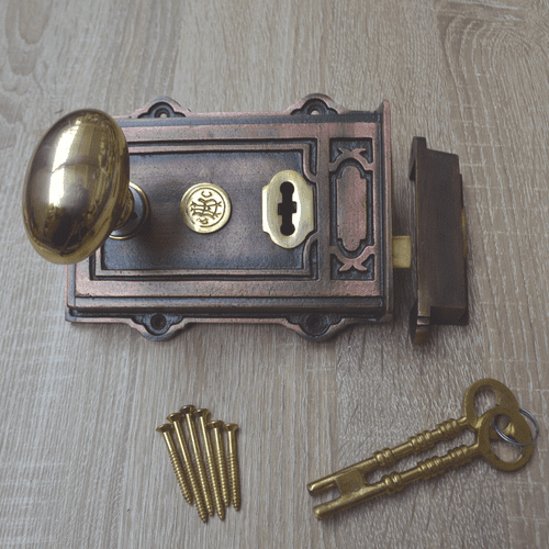 Cast Iron Davenport Rim Lock Antique Copper & Oval Rim Brass Set