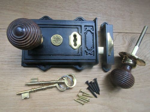 Cast Iron Davenport Rim Lock Antique Iron & Beehive Teak Brass