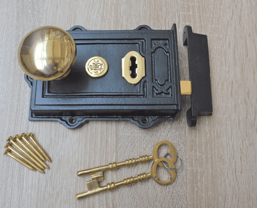 Cast Iron Davenport Rim Lock Black Antique & Cottage Rim Natural Brass Set