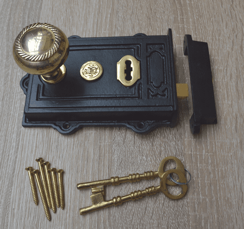Cast Iron Davenport Rim Lock Black Antique & Georgian Rim Brass Set