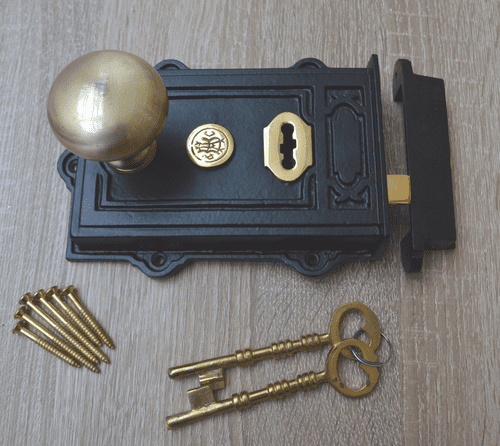 Cast Iron Davenport Rim Lock Black Antique & Mushroom Rim Knob Antique Brass Set