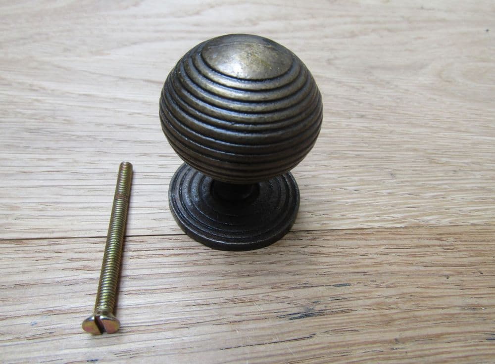 Cast Iron Reeded Cupboard Knob Antique Brass