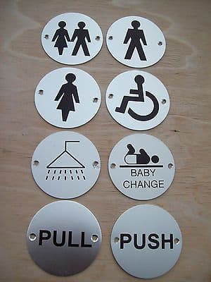 CIRCULAR ROUND SILVER TOILETS PUB SHOP BUSINESS BATHROOM DOOR SIGNS NOTICE PLATE