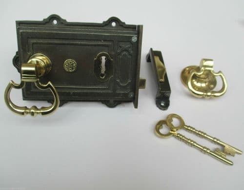 Davenport Rim Lock Antique Iron & Carriage Rim Knob Set Polished Brass