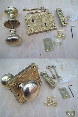 FANCY ORNATE DECORATIVE OLD VICTORIAN STYLE SOLID BRASS DOOR RIM LOCK KNOB SET