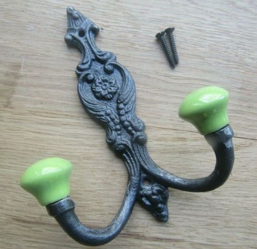 French Ornate Ceramic Hook Lime Green