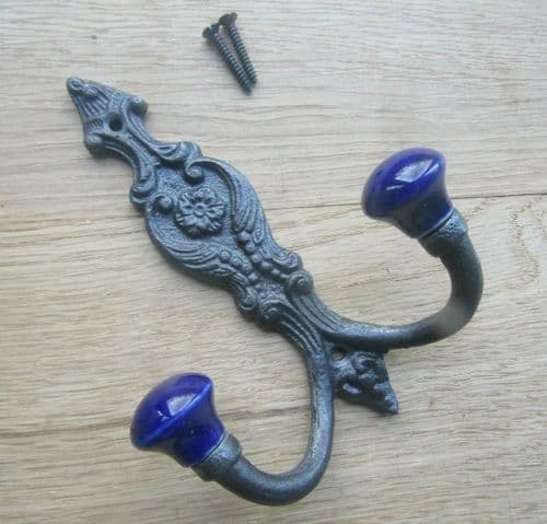 French Ornate Ceramic Hook Navy Blue