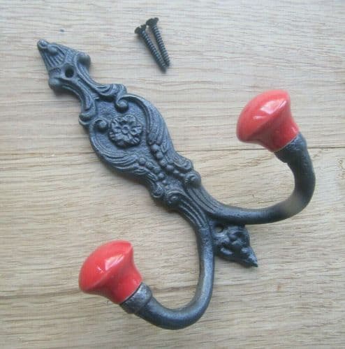 French Ornate Ceramic Hook Red