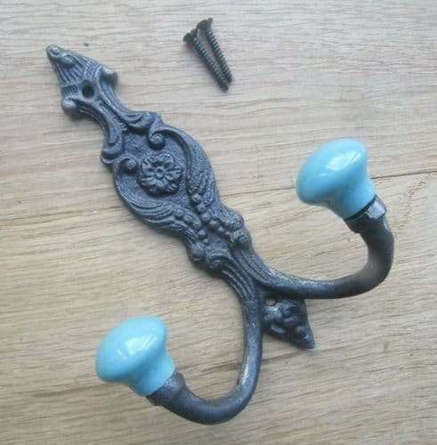 French Ornate Ceramic Hook Turquoise