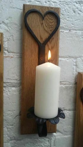 Hand Forged Candle Holder On Wood Base Heart Floral Large