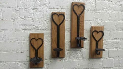 Hand Forged Candle Holder On Wood Base Heart Round Plate Large