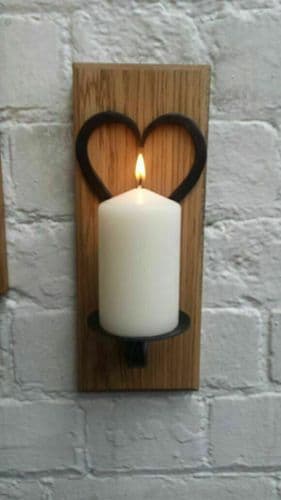 Handforged Candle Holder On Wood Base Heart Round Plate Small
