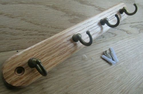 Key Hanger Tidy Antique Brass Hooks On Oak Wooden Board