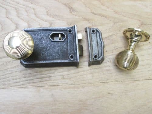 Large Rim Latch Antique Iron & Beehive Rim Brass Set