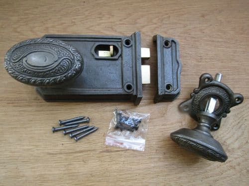 Large Rim Latch & Art Nouveau Rim Knob Set Antique Iron