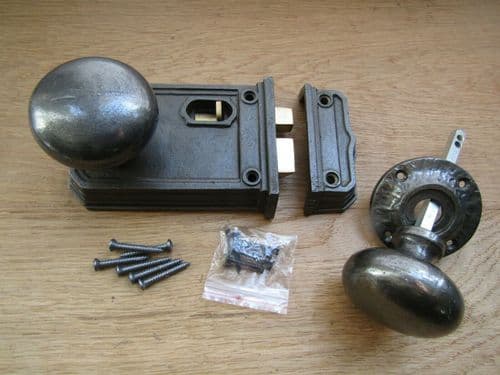 Large Rim Latch & Mushroom Rim Knob Set Antique Iron