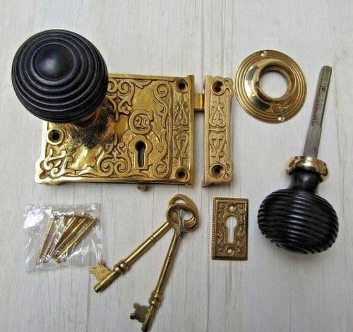 Ornate Rim Lock & Beehive Ebony + Brass Set