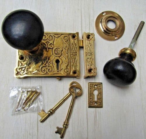 Ornate Rim Lock & Plain Bun Ebony + Brass Set