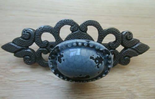 Oval Grey Cracked Glazed Knob With Antique Iron Back Plate