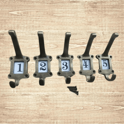Pack of 5 Ceramic Insert 1-5 Numbered Antique Brass Coat Hooks