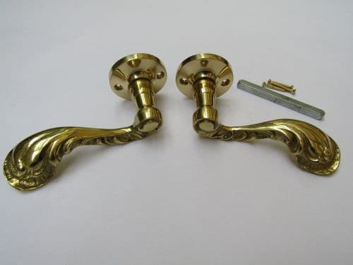 Pair Of Fancy Ornate Lever On Rose Door Handles Polished Brass
