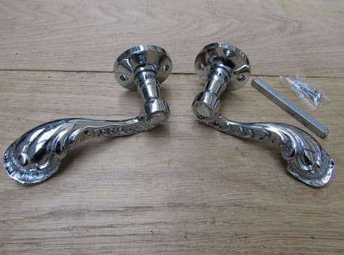 Pair Of Fancy Ornate Lever On Rose Door Handles Polished Chrome