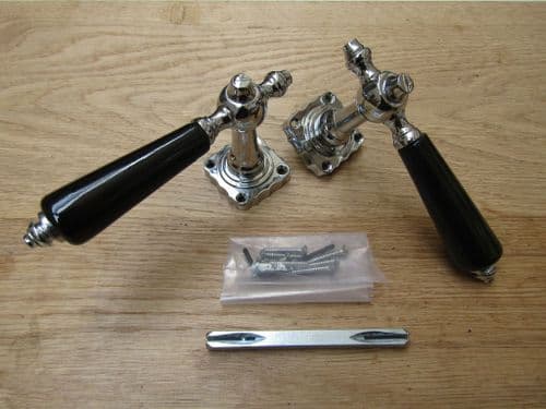 Pair Of Kensington Ceramic Lever On Rose Door Handles Edwardian Black & Chrome