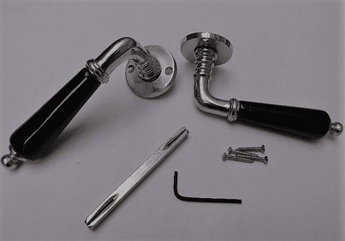 Pair Of Kensington Ceramic Lever On Rose Door Handles Victorian Black & Chrome