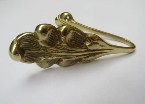 Pair Of Leaf Pattern Curtain Hold Back Polished Brass