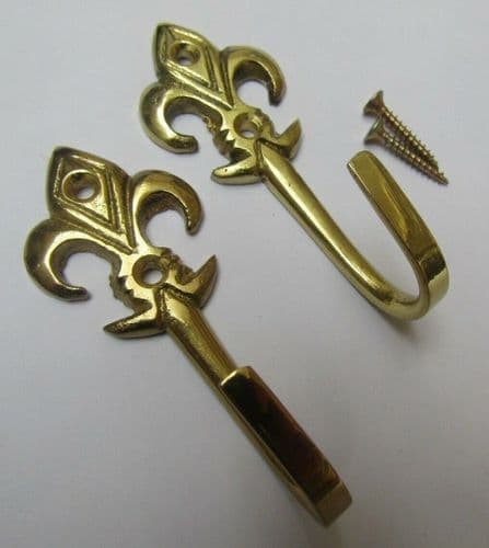 Pair Of Solid Brass Classic Fleur De Lys Curtain Hooks Polished Brass