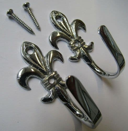 Pair Of Solid Brass Classic Fleur De Lys Curtain Hooks Polished Chrome