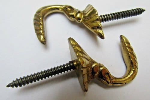 Pair Of Solid Brass Small Egyptian Curtain Hooks Polished Brass