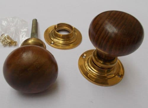 Rim Door Knob Set Plain Round Teak And Brass