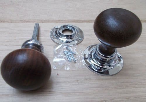 Rim Door Knob Set Plain Round Teak And Chrome