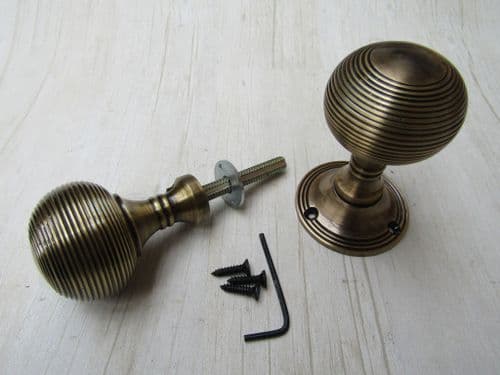 Rim Door Knob Set Reeded Antique Brass