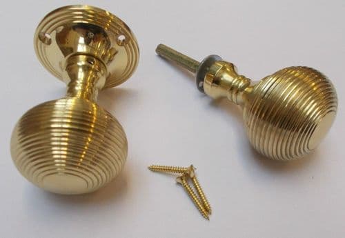 Rim Door Knob Set Reeded Polished Brass