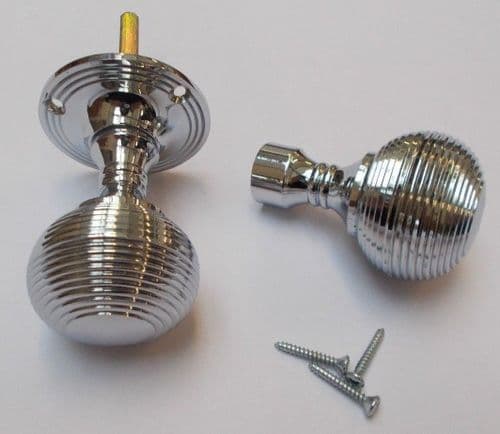 Rim Door Knob Set Reeded Polished Chrome
