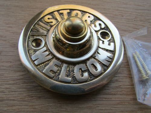 Visitors Welcome Door Bell Push Polished Brass