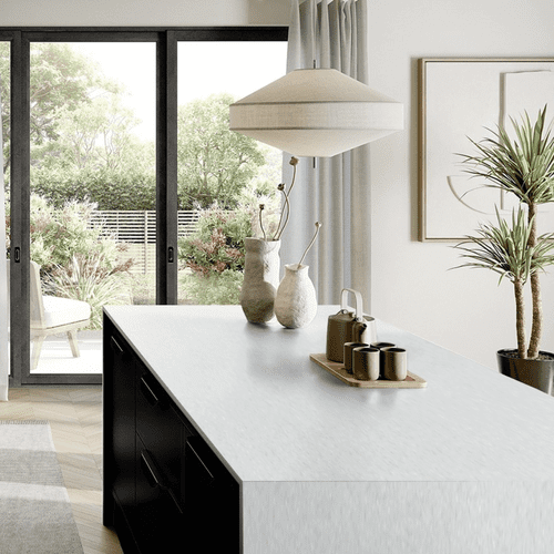 Aria Solid Laminate Worktops - Ice Quarstone 20mm - White Core - F5212 Riverwash
