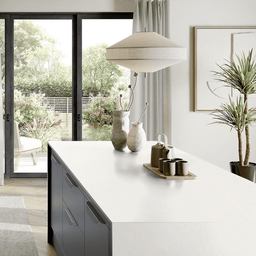 Aria Solid Laminate Worktops - Polar White 20mm - White Core - F2255 Satin NDF