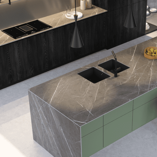Kronospan 12mm Compact Kitchen Laminate Worktops - Pietra Belvedere SU K595 - Grey Core